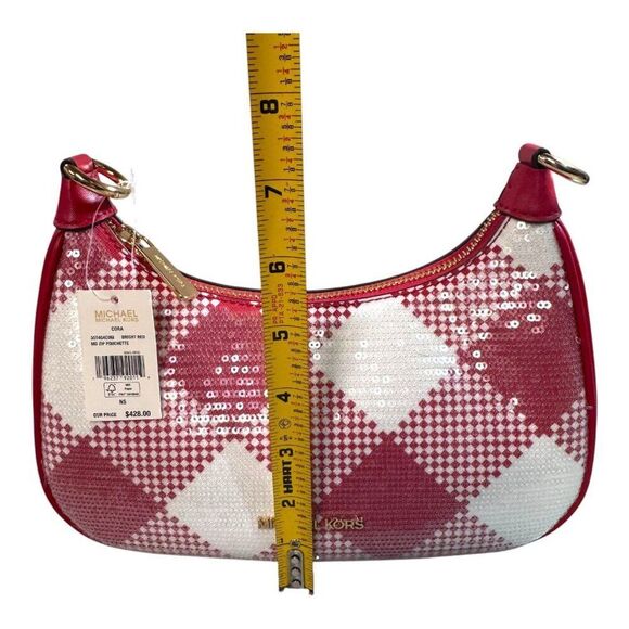 Michael Kors Cora Bright Red Sequin Plaid Medium Zip Pouchette w/ Strap NEW $428 - Picture 4 of 11